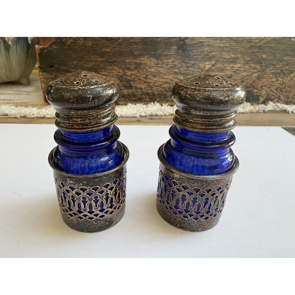 Gorham Sterling Silver Cobalt Blue Glass Salt Pepper Shakers